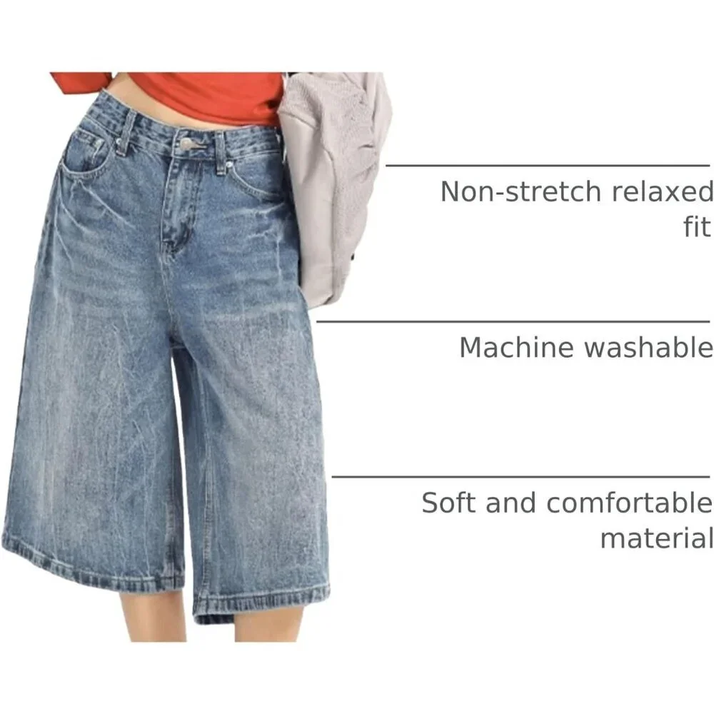 Women Jean Shorts Baggy Loose Fit Denim Summer Trend Y2K Wide Leg